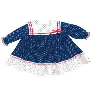 Vintage Blue Polka Dot Pleated Toddler Girl Sailor Dress Size 12-18M